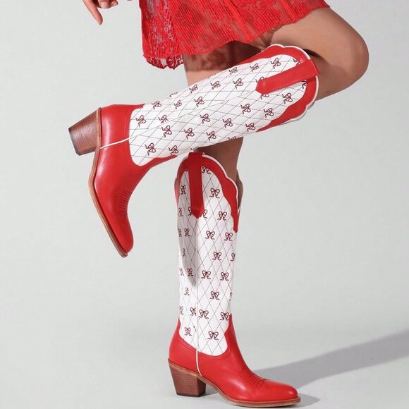 Red Chic Women's Knee High Cowboy Boots with Chunky Heel - Picture 1 of 5